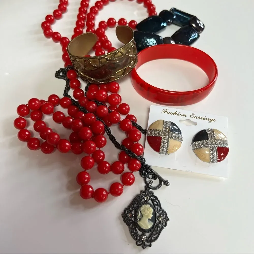 Six Piece Vintage Mixed Era Necklace, Earrings and Bracelet Costume Jewelry Lot